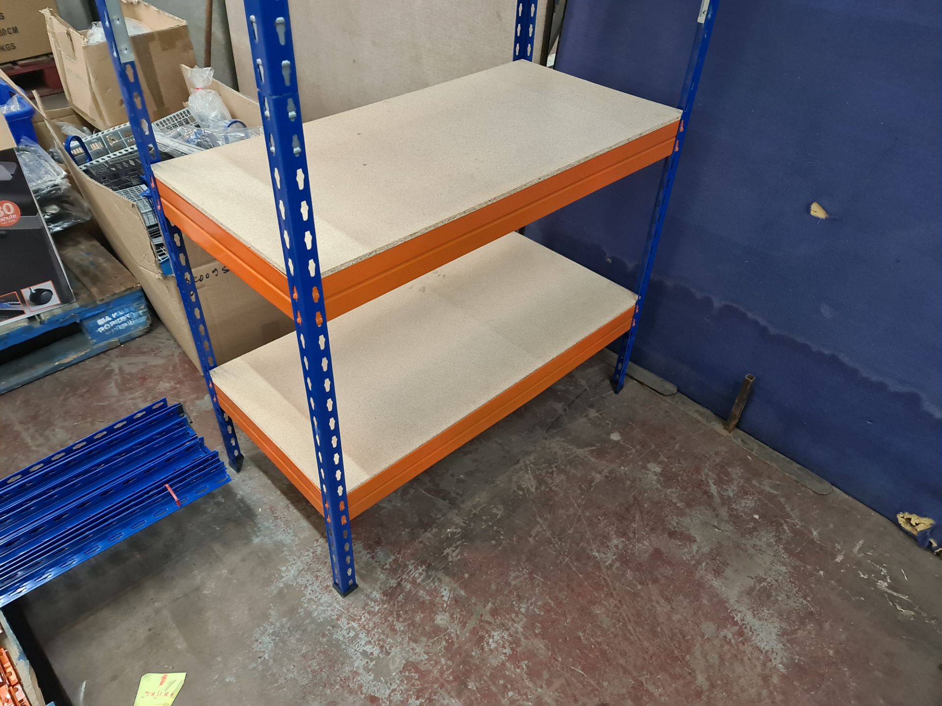 5 individual free standing bays of blue and orange racking, each with four shelves. One of the bays - Image 2 of 6