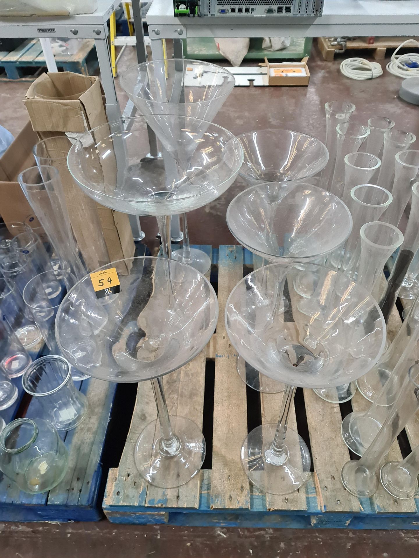 6 off large glass table decorations, typically 77 cms tall
