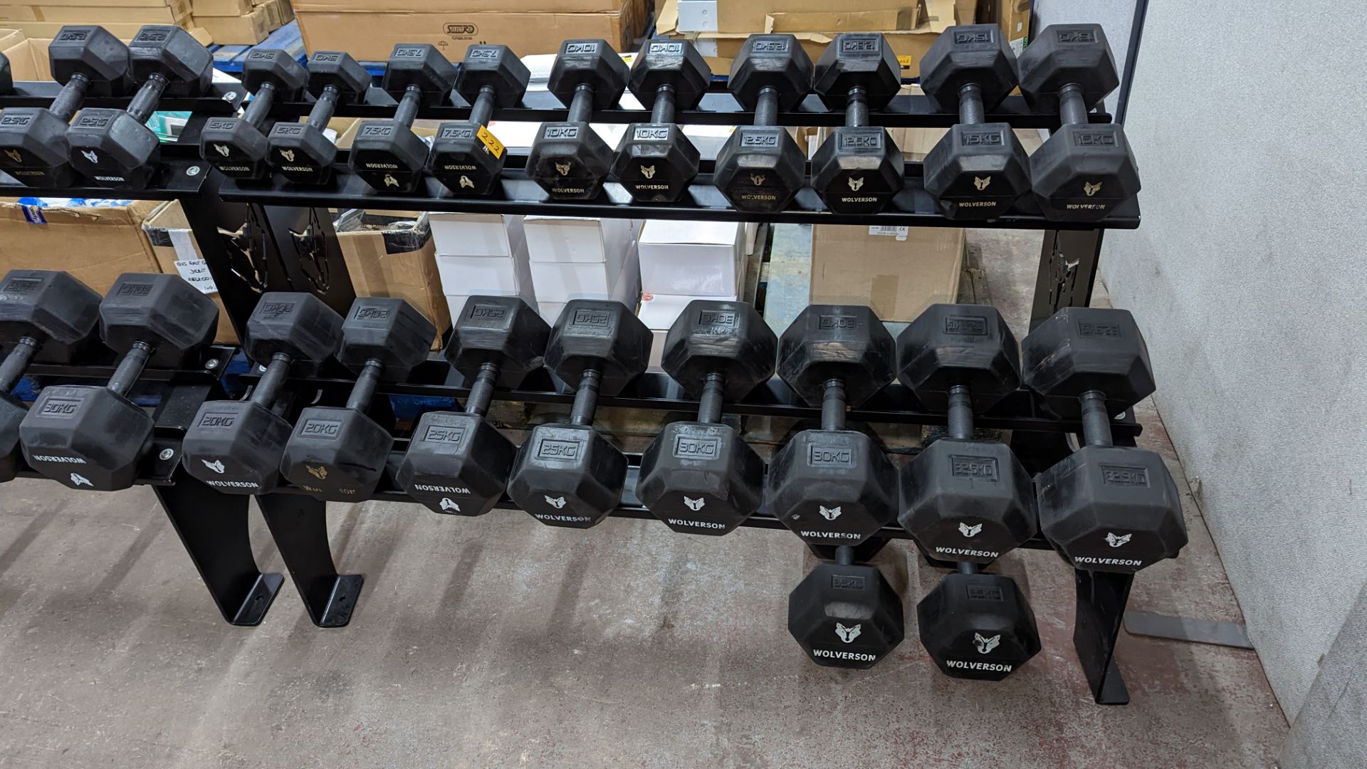 Rack and contents of Wolverson dumbbells. This lot comprises a two tier rack plus ten pairs of dumb