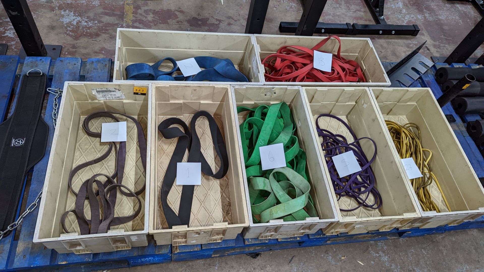 Large quantity of rubber resistance bands comprising the contents of seven crates, each crate holdin - Image 2 of 7