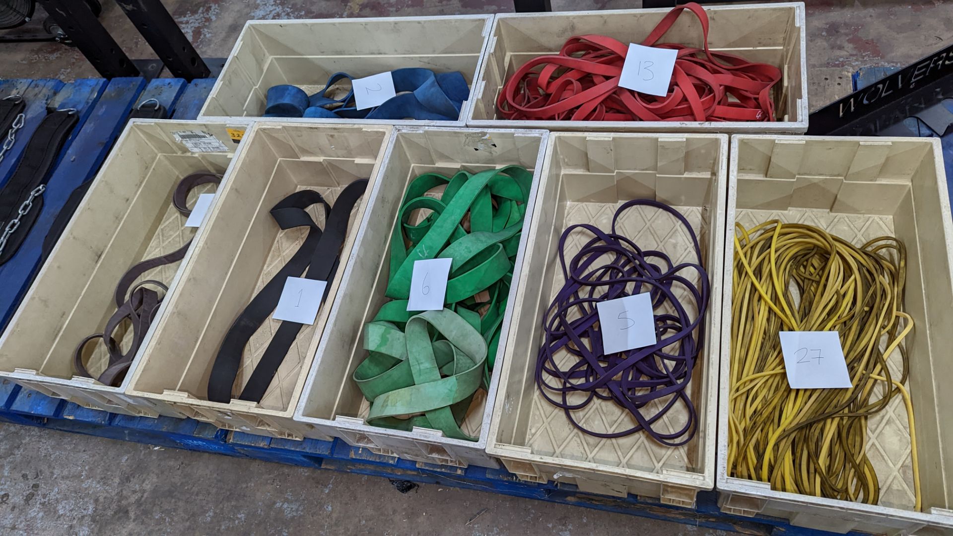Large quantity of rubber resistance bands comprising the contents of seven crates, each crate holdin - Image 7 of 7