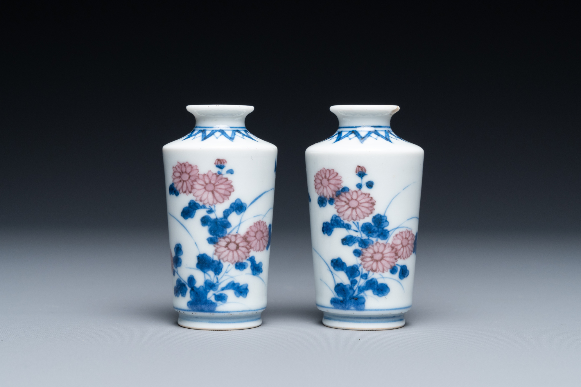 A pair of Chinese blue, white and copper-red miniature vases or snuff bottles, Qing Feng mark, 18/19 - Image 2 of 7