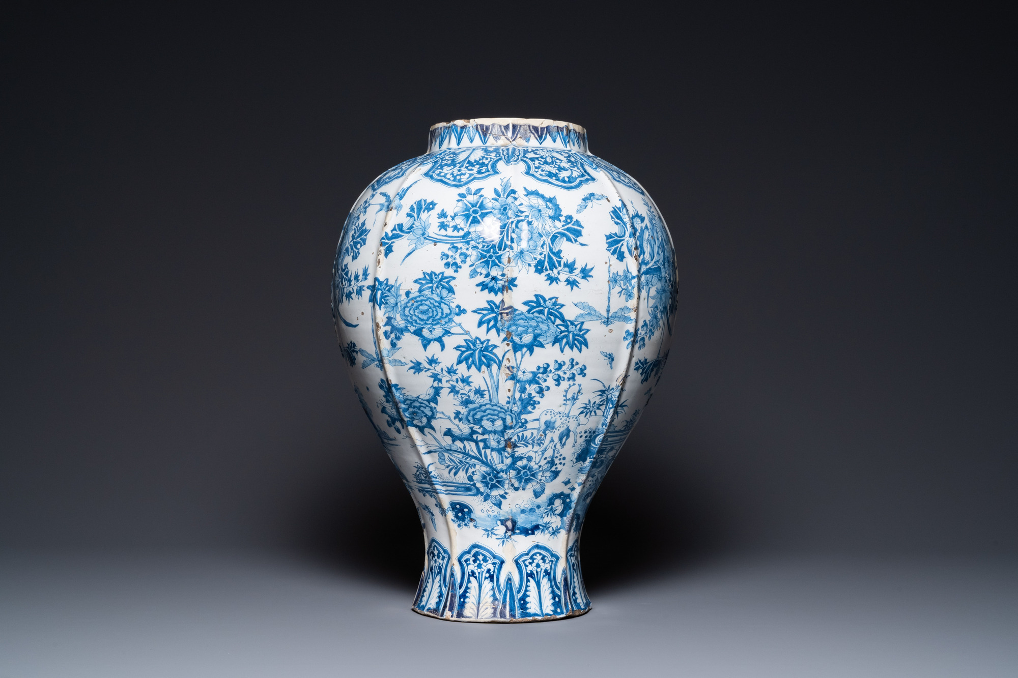 An exceptionally large blue and white baluster vase with naturalistic design, Delft or Frankfurt, la