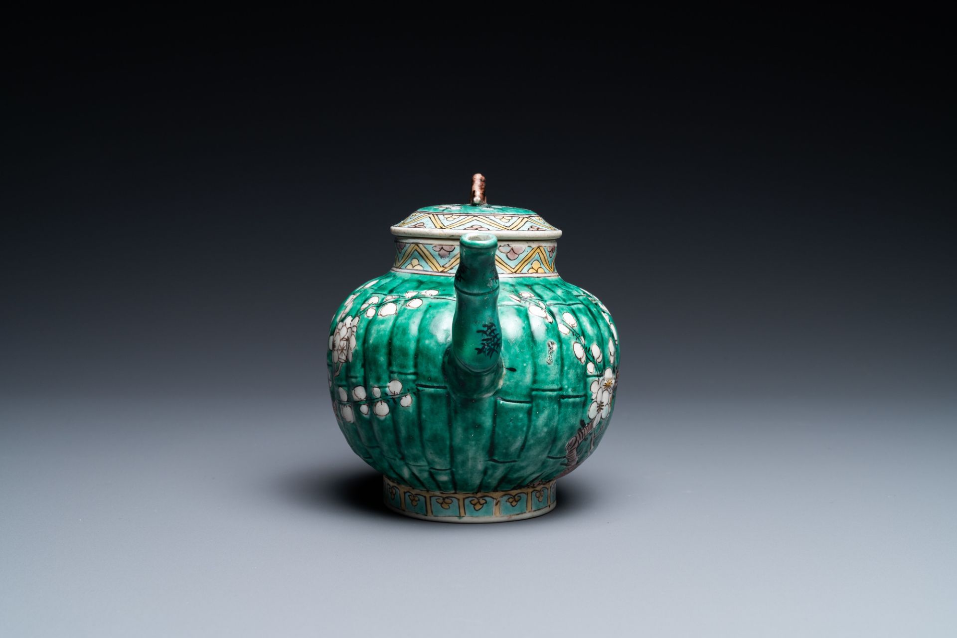 A Chinese ribbed verte biscuit teapot and cover, Kangxi - Image 5 of 9