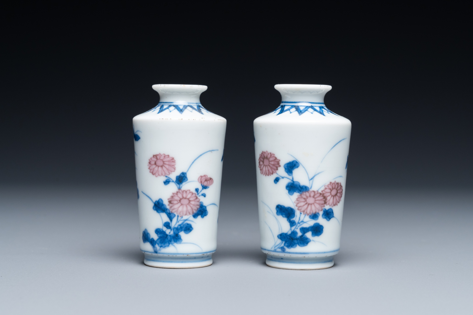 A pair of Chinese blue, white and copper-red miniature vases or snuff bottles, Qing Feng mark, 18/19 - Image 4 of 7