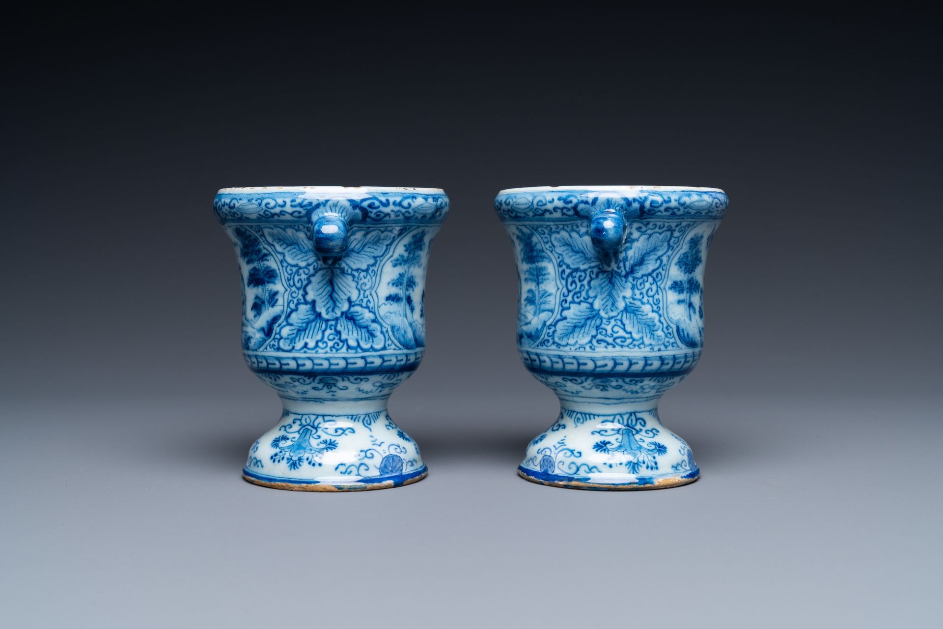 A pair of small Dutch Delft blue and white jardinires, 18th C. - Image 4 of 8