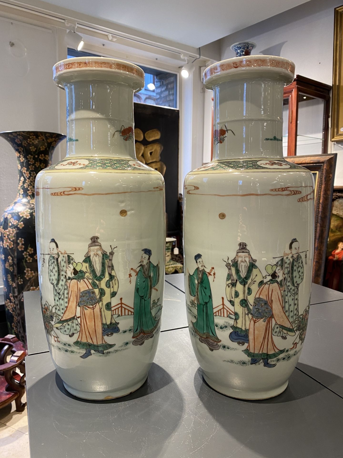 A pair of Chinese famille verte rouleau vases, Kangxi mark, 19th C. - Image 8 of 19