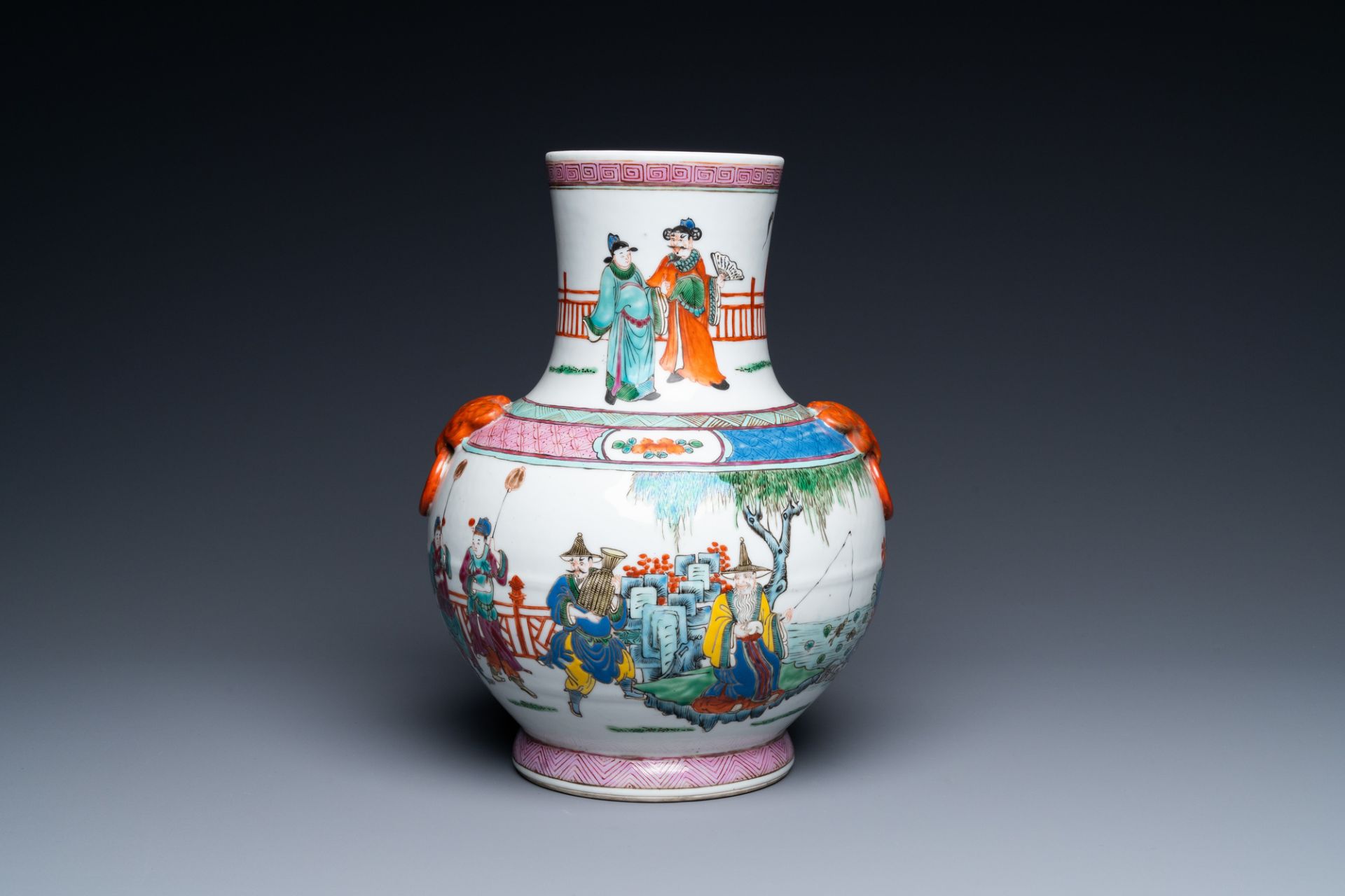 A Chinese famille rose vase with narrative design, 19/20th C. - Image 3 of 6