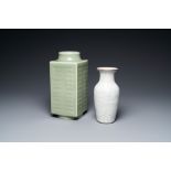 A Chinese celadon 'cong' vase with trigrams and a crackle-glazed vase, 19/20th C.