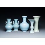 Five Chinese monochrome clair-de-lune and celadon-glazed vases, 19/20th C.