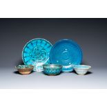 A collection of three turquoise-glazed bowls and two dishes, Middle-East, a.o. Kubachi, 13th C. and