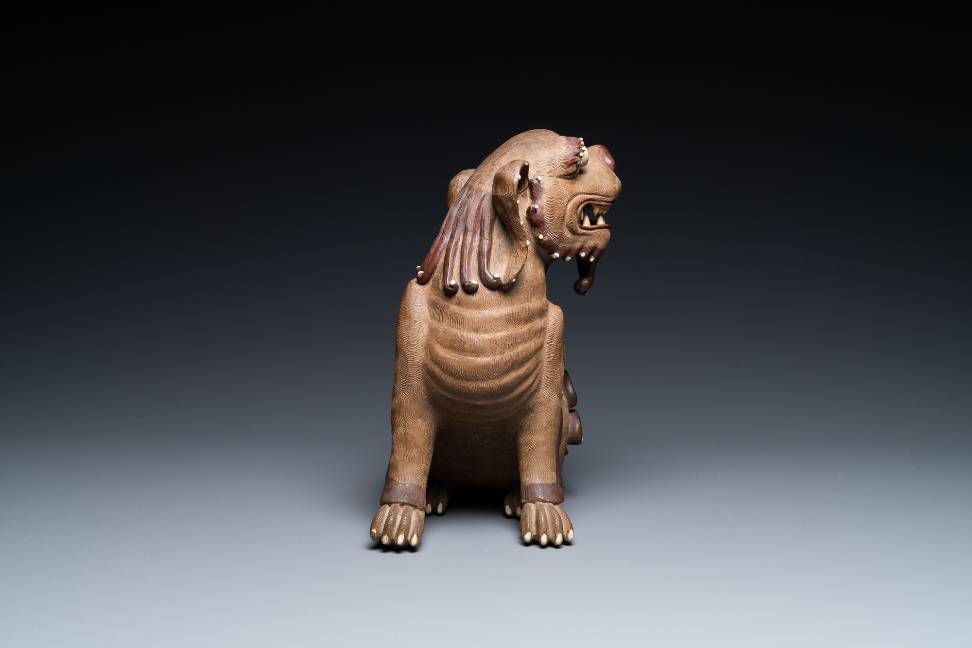 A Chinese Yixing stoneware dog on wooden stand, 19th C - Image 6 of 8