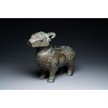 A Chinese ram-shaped silver-inlaid bronze 'xizun' vessel, Ming