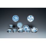 Four Chinese blue and white cups, four saucers and two teapots, Kangxi