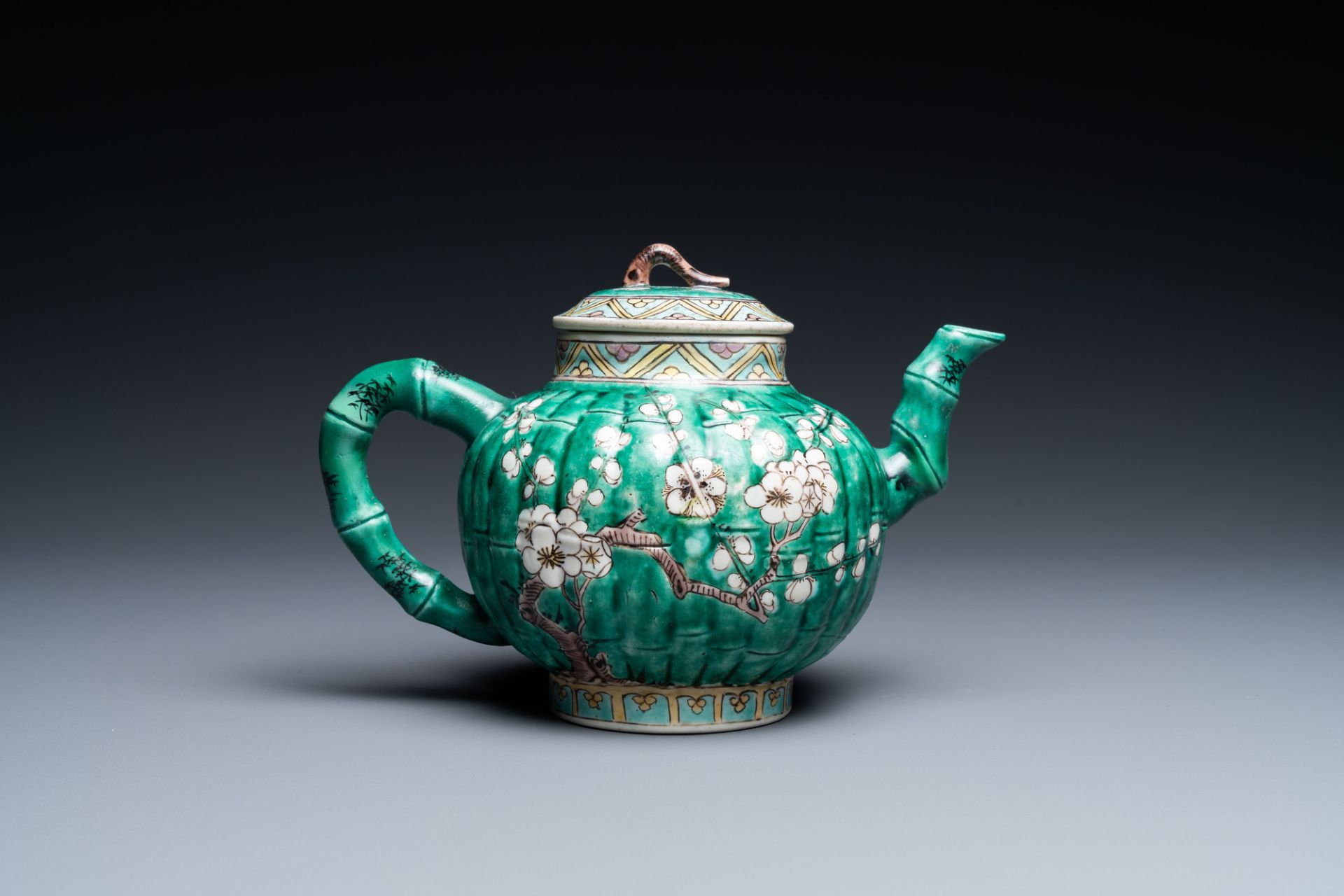 A Chinese ribbed verte biscuit teapot and cover, Kangxi - Image 4 of 9