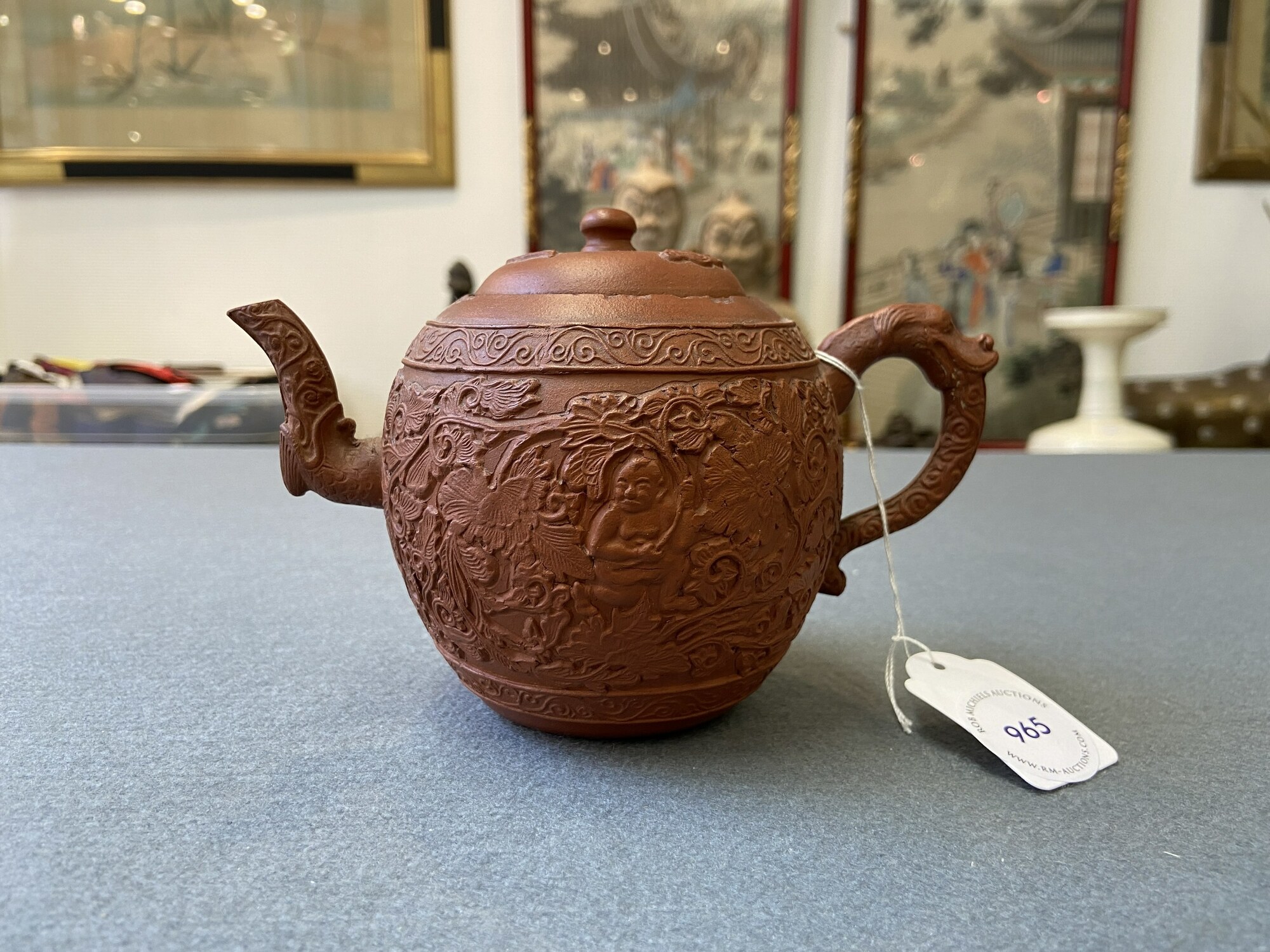 A Chinese Yixing stoneware teapot with boys among peony scrolls, Kangxi - Image 8 of 23