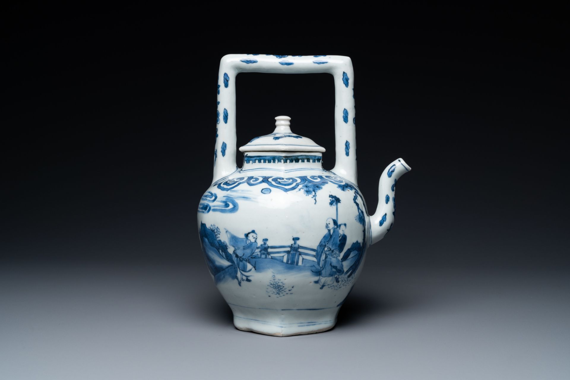 A large Chinese blue and white hexagonal teapot and cover, Transitional period