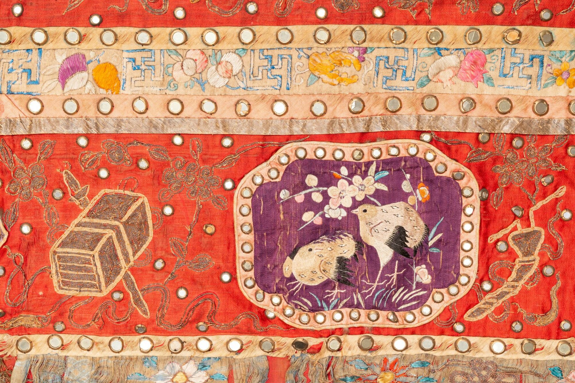 A large Chinese rectangular embroidered silk 'mythical animals' cloth, 19th C. - Image 2 of 12