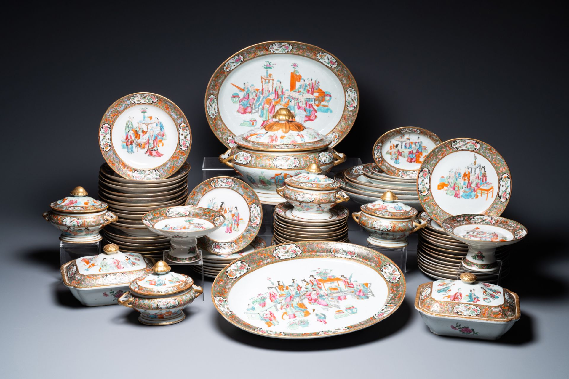 An extensive Chinese Canton famille rose dinner service, 19th C.