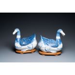 A pair of Chinese blue and white duck-shaped tureens and covers, Republic