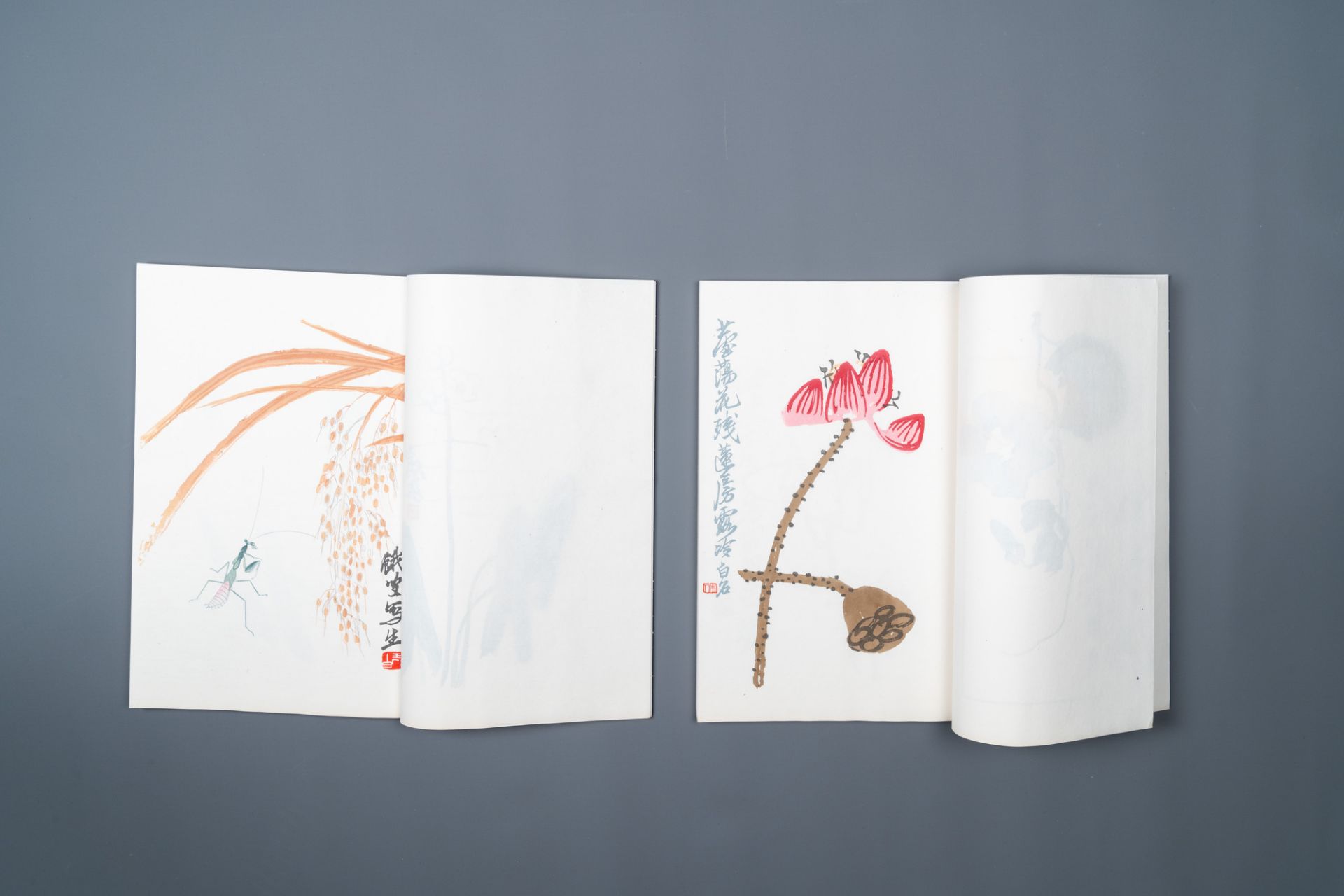 A box with two albums containing 80 woodblocks, 32 of which after Qi Baishi, Rong Bao Zhai studio, B - Image 7 of 15