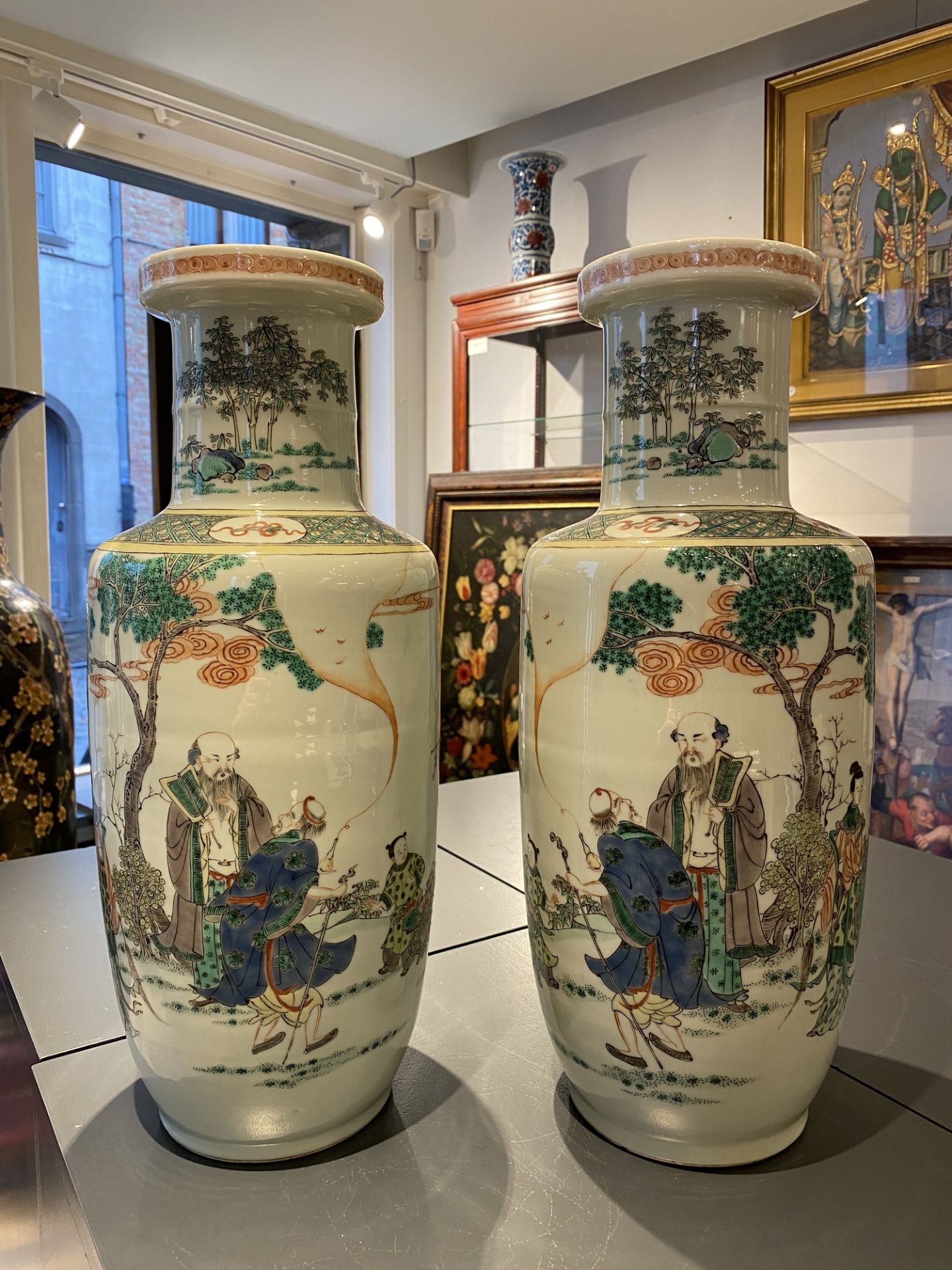 A pair of Chinese famille verte rouleau vases, Kangxi mark, 19th C. - Image 7 of 19