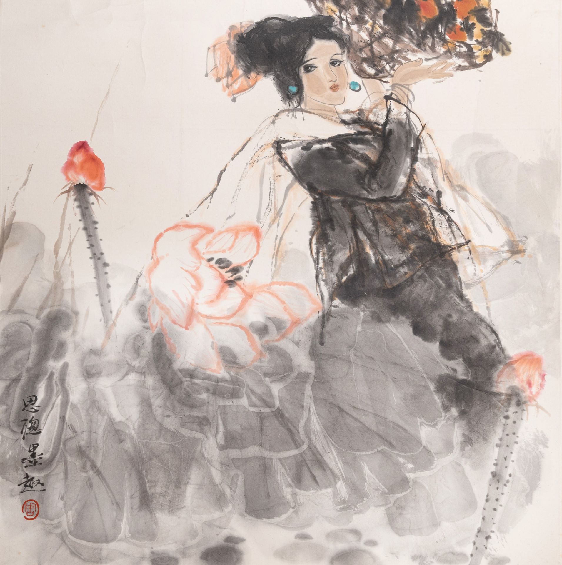 Zhou Sicong (1939-1996): ÔLady with a lotus flowerÕ, ink and colour on paper