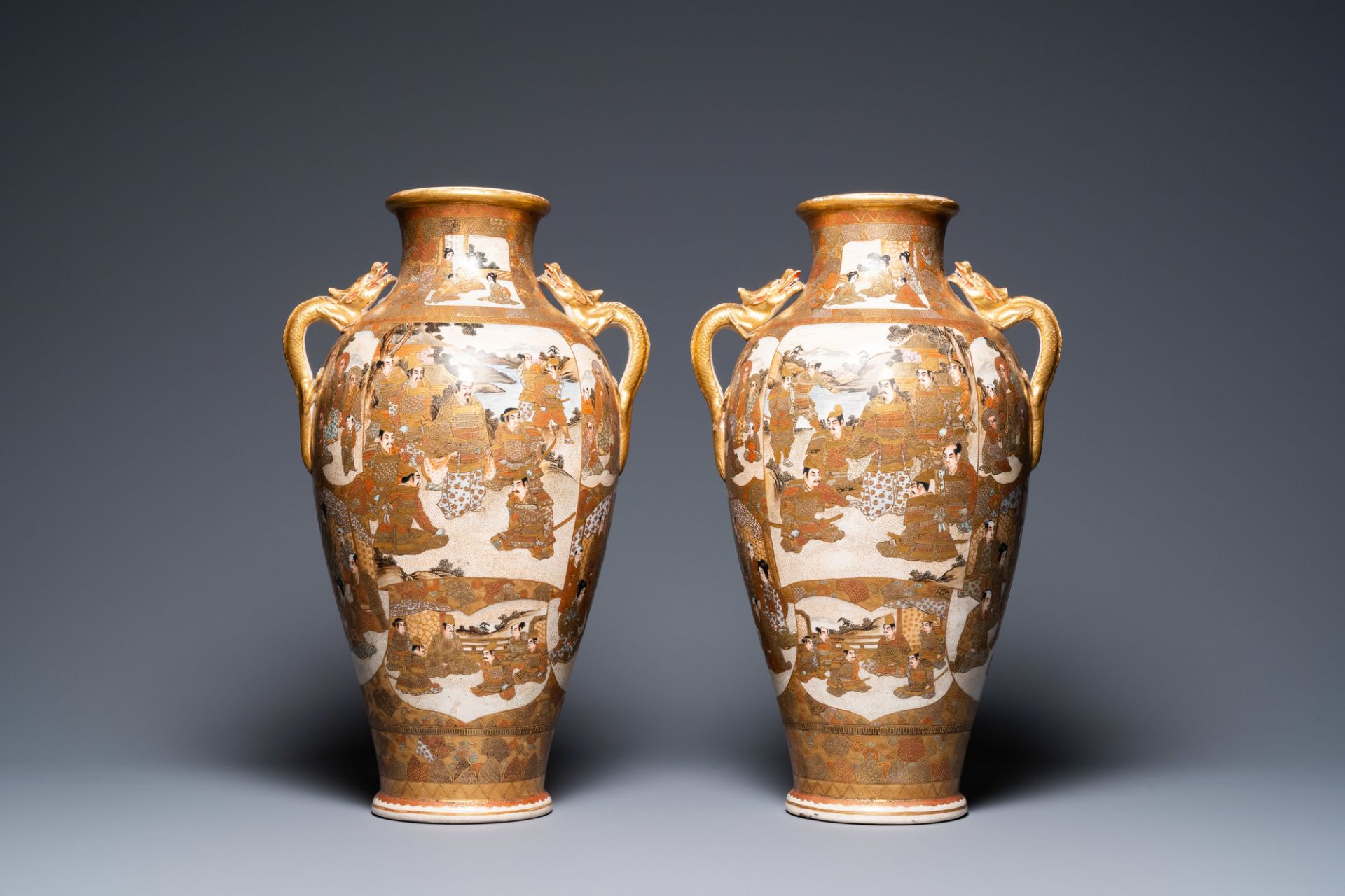 A pair of Japanese Satsuma vases, Kinkozan mark, Meiji, 19th C. - Image 3 of 6