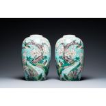 A pair of Chinese verte biscuit turquoise-ground jars, 19th C.