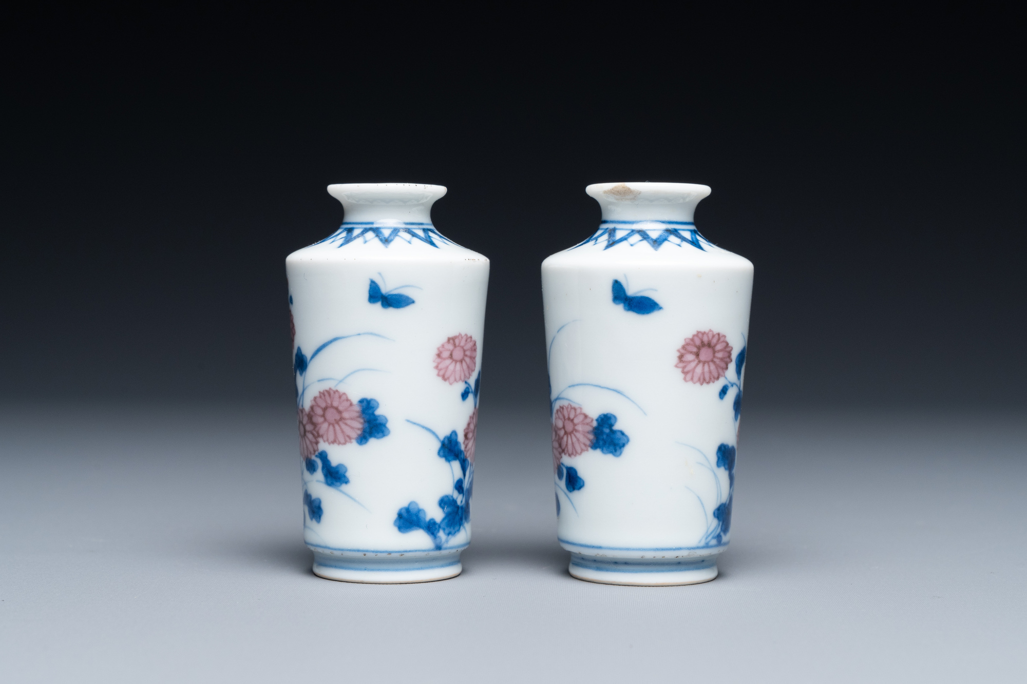 A pair of Chinese blue, white and copper-red miniature vases or snuff bottles, Qing Feng mark, 18/19 - Image 3 of 7