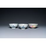 A pair of Chinese blue and white 'Nanking Cargo' bowls and a famille rose millefleurs bowl, 18/19th