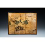 A Japanese painted five-panel 'Byobu' folding screen with a landscape, signed Zi Yu Ji Yang - ____,