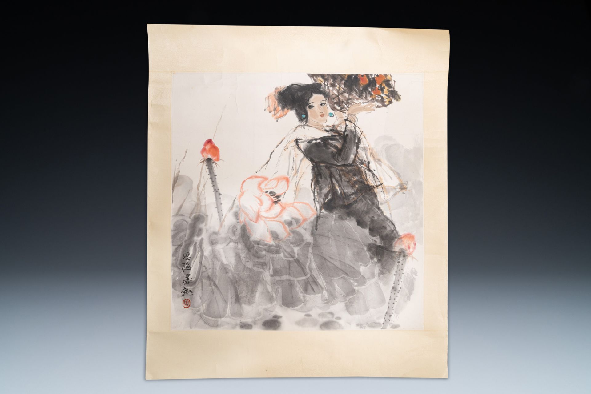 Zhou Sicong (1939-1996): ÔLady with a lotus flowerÕ, ink and colour on paper - Image 2 of 9