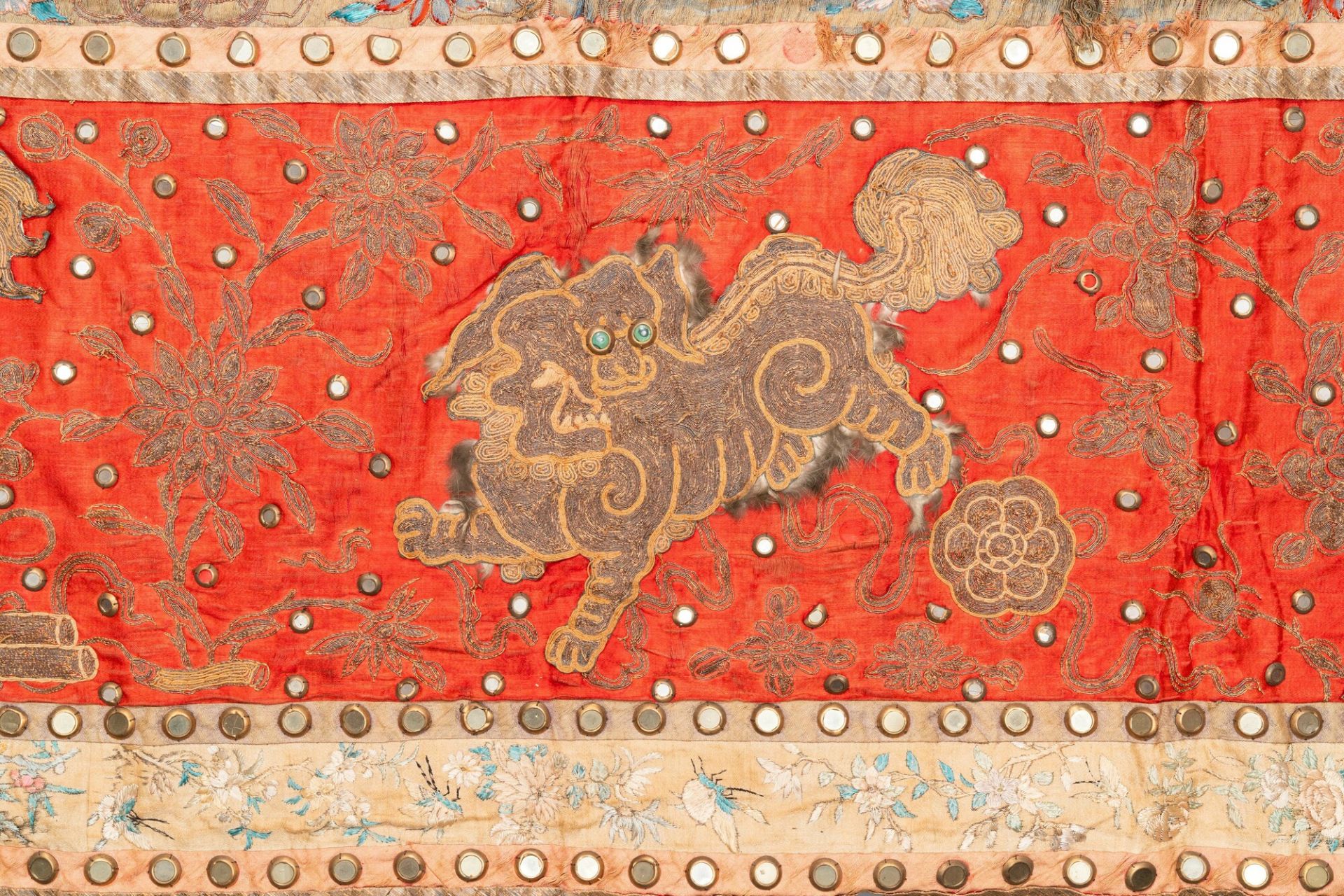 A large Chinese rectangular embroidered silk 'mythical animals' cloth, 19th C. - Image 4 of 12