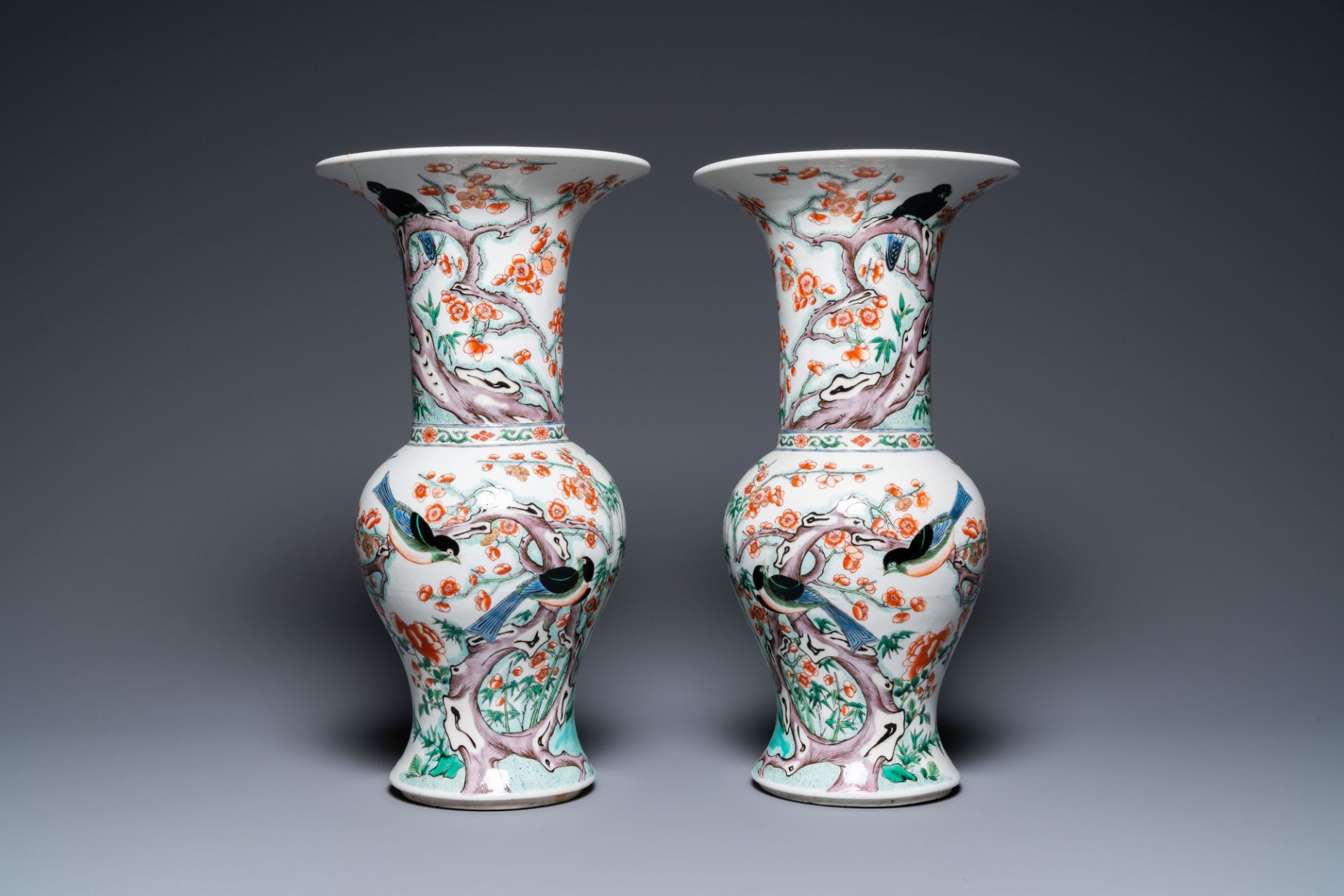 A pair of Chinese famille verte 'yenyen' vases with magpies near prunus, 19th C.