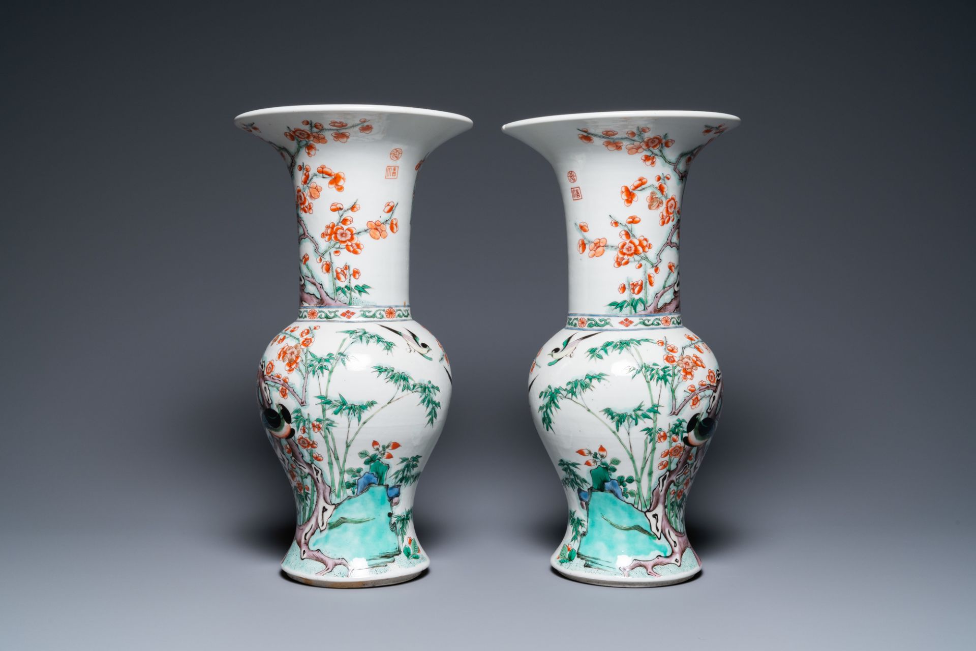 A pair of Chinese famille verte 'yenyen' vases with magpies near prunus, 19th C. - Image 2 of 6