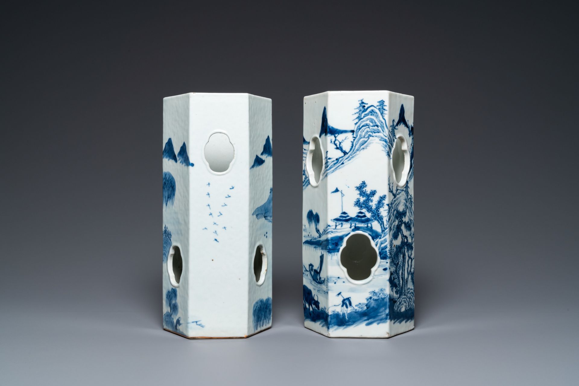 Two Chinese blue and white hexagonal hat stands with landscapes, 19th C. - Image 3 of 6