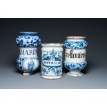 Two Italian and one Dutch Delft blue and white pharmacy jars, 17/18th C.