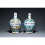 A pair of large polychrome Italian maiolica pharmacy bottles, Deruta, 17th C.