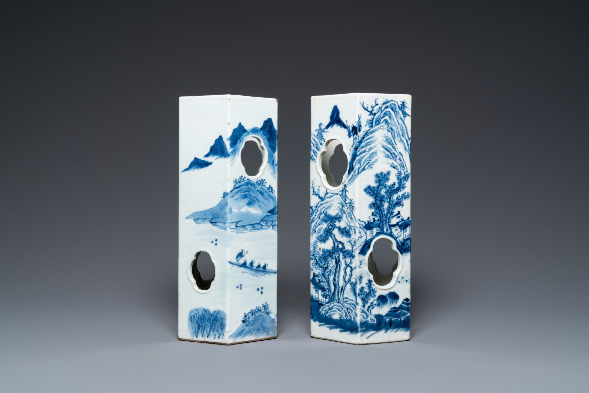 Two Chinese blue and white hexagonal hat stands with landscapes, 19th C. - Image 2 of 6