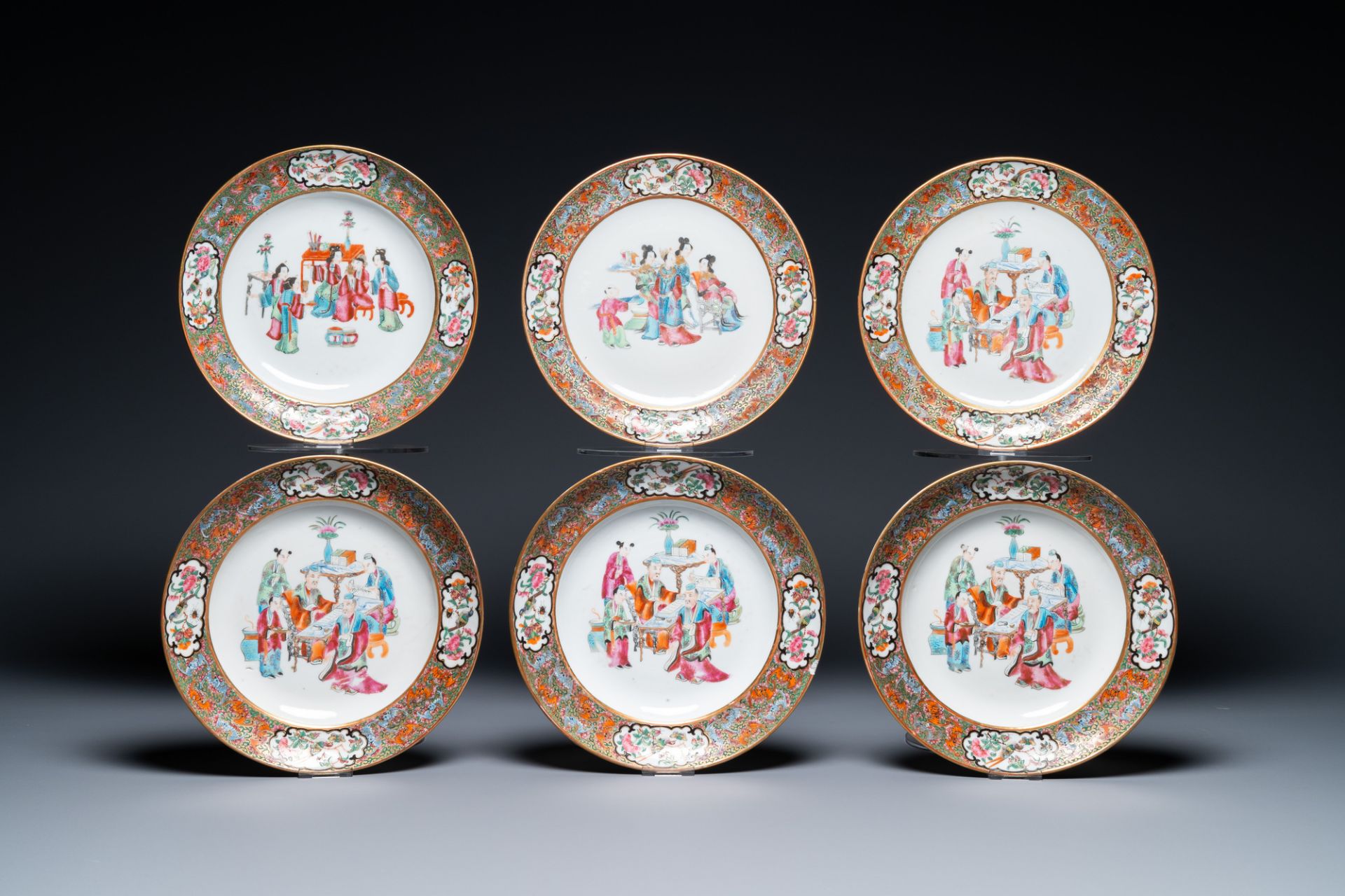 An extensive Chinese Canton famille rose dinner service, 19th C. - Image 8 of 48