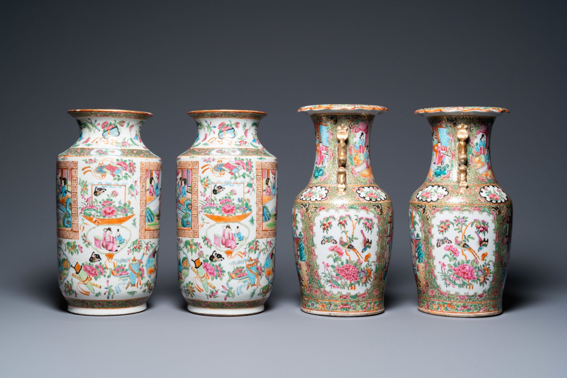 Two pairs of Chinese Canton famille rose vases, 19th C. - Image 2 of 6