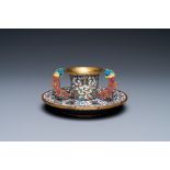 A Chinese cloisonne two-handled 'lotus scroll' cup on stand, 18/19th C.