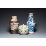 Two Chinese Nanking crackle-glazed vases and a yellow-ground famille rose 'butterflies' jar and cove