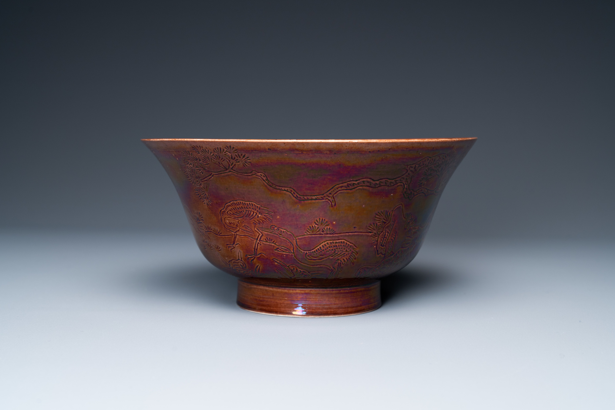 A Chinese aubergine-glazed bowl with incised design of cranes, Kangxi - Image 2 of 7