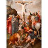 Flemish school: Roman soldiers fighting over their dice game in front of Christ at the cross, oil on