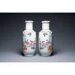 A pair of Chinese famille rose rouleau vases with musicians, Qianlong mark, Republic