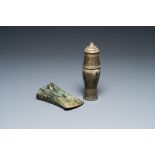 A Vietnamese bronze axe head, Dong Son, 3rd/1st C. BC and a small lime jar, L Dynasty, 15th C.