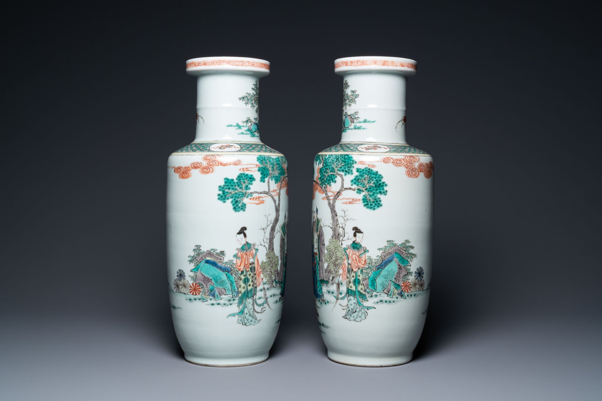 A pair of Chinese famille verte rouleau vases, Kangxi mark, 19th C. - Image 4 of 19
