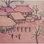 Nguyen Thu (Vietnam, 1930-): 'Workers at a mountain stilt house village', linocut, signed and dated
